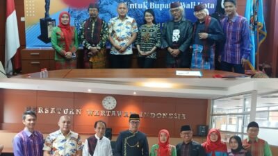 Kolase foto Wali Kota Samarinda, Andi Harun uasi presentasikan Sarung Samarinda dan foto para dewan juri Anugerah Kebudayaan Persatuan Wartawan Indonesia (PWI) Pusat Tahun 2026
