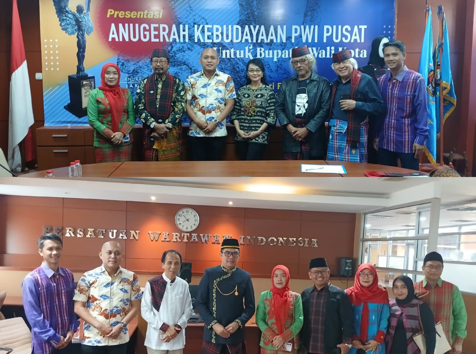 Kolase foto Wali Kota Samarinda, Andi Harun uasi presentasikan Sarung Samarinda dan foto para dewan juri Anugerah Kebudayaan Persatuan Wartawan Indonesia (PWI) Pusat Tahun 2026