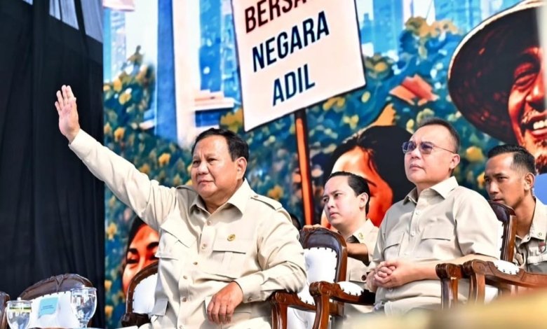Presiden Prabowo Subianto di peringatan Hari Buruh Internasional 2026 yang digelar di Monas, Jakarta, Jumat (1/5).