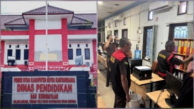 Kolase foto Kantor Disdikbud Kukar dan Penyidik Kejati Kaltim saat melakukan penggeledahan