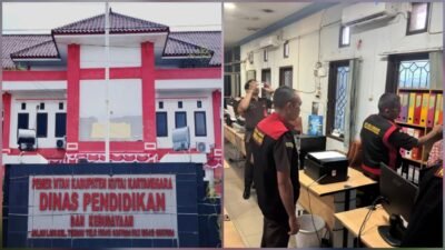 Kolase foto Kantor Disdikbud Kukar dan Penyidik Kejati Kaltim saat melakukan penggeledahan