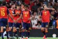 Spanyol unbeaten - Selebrasi pemain Timnas Spanyol usai memperpanjang rekor unbeaten dalam 39 pertandingan.