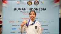 Asian Games 2026 - Karateka putri Indonesia, Leica Al Humaira Lubis, saat berlaga di Asian Games 2026 Aichi-Nagoya.