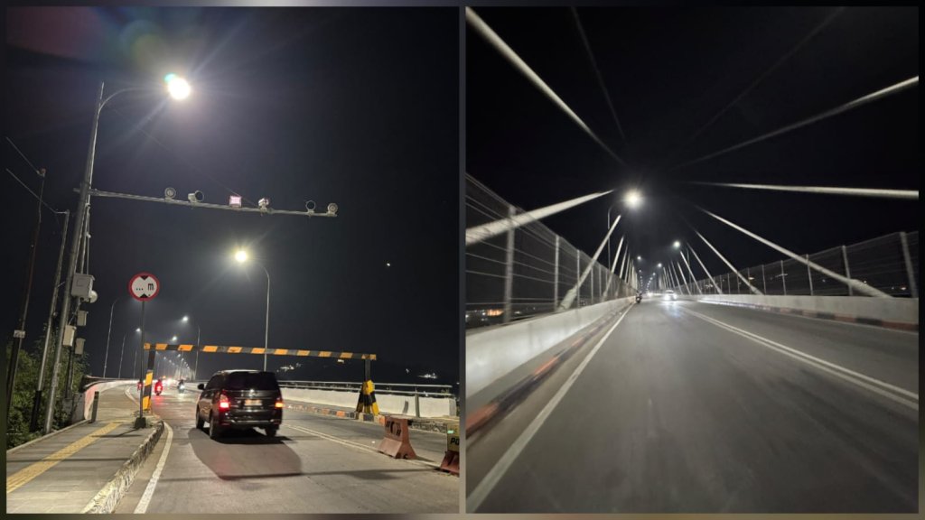 Suasan malam hari di Jembatan Achmad Amins, Samarinda yang kini lampu peneranngan jalannya kembali menyala